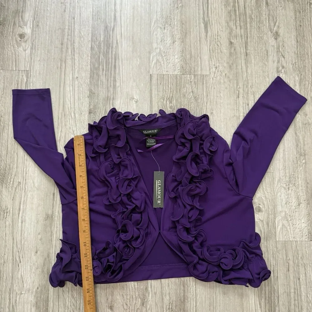 Glamour Purple Ruffle Trim Bolero Shrug Cropped Cardigan Jacket 3/4 Sleeve Sz S